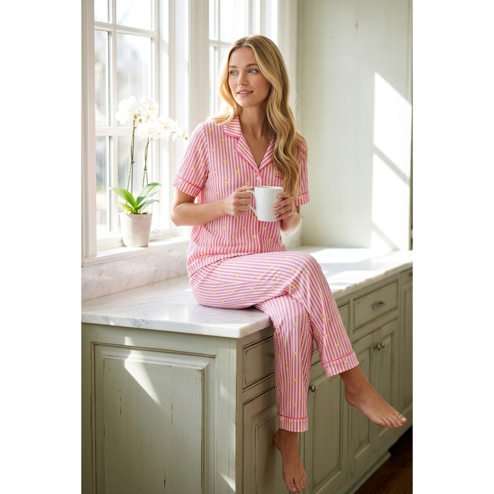 Room Service XL Pajama Set Womens Pink Lemon Stripe 2-Piece Notch Collar